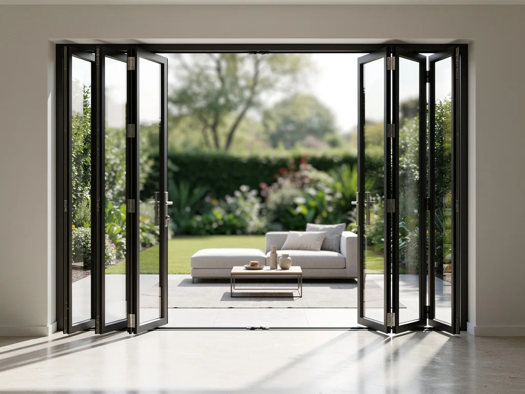 Baie coulissante en aluminium ouverte sur le jardin dans un salon clair