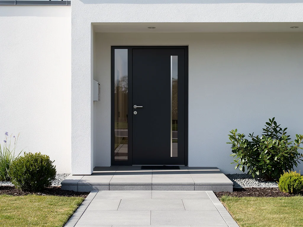 Porte d'entrée contemporaine en aluminium avec panneau vitré vertical